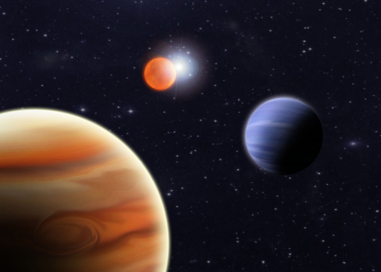 This artist's concept shows two newly discovered planets orbiting the binary star NN Serpentis.